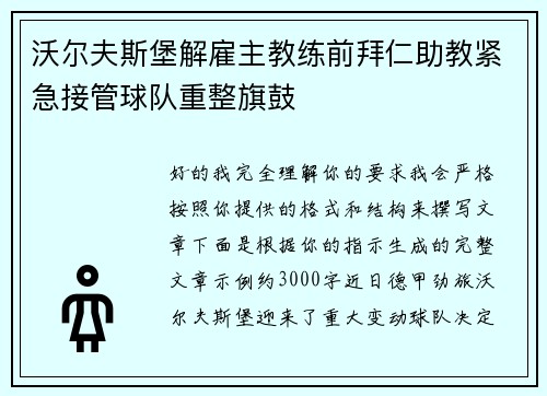 沃尔夫斯堡解雇主教练前拜仁助教紧急接管球队重整旗鼓